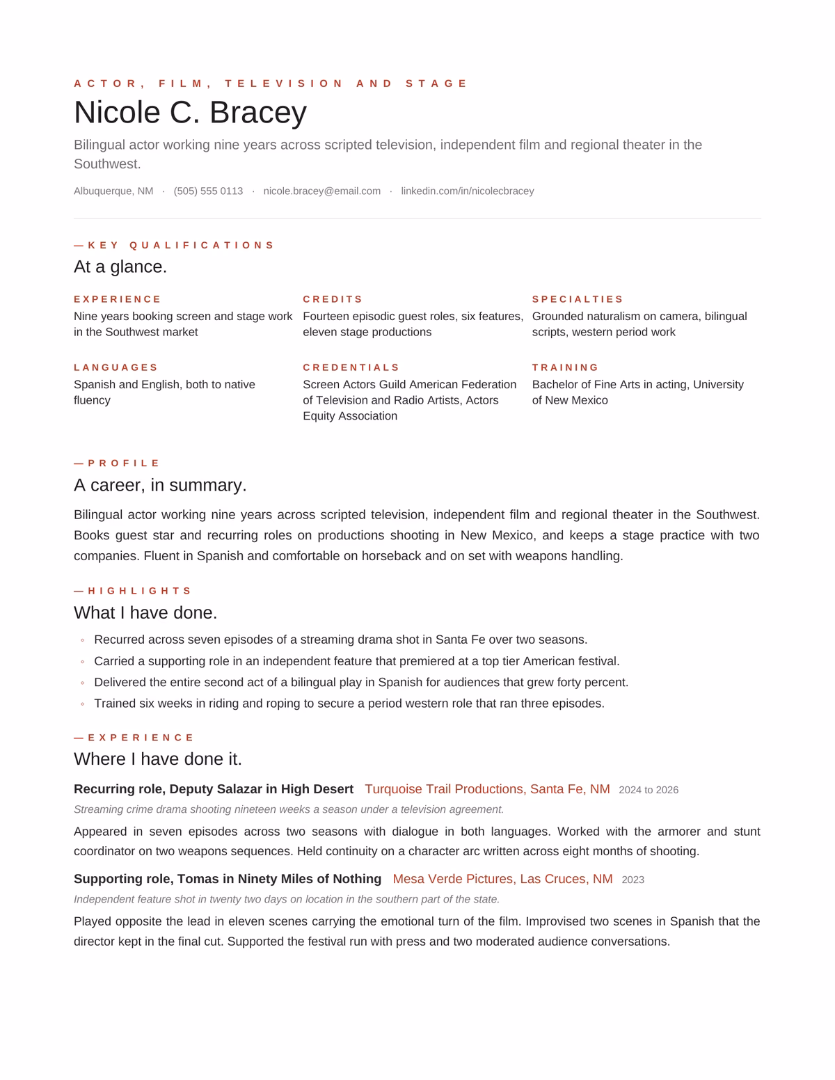 Editorial resume design for Actor