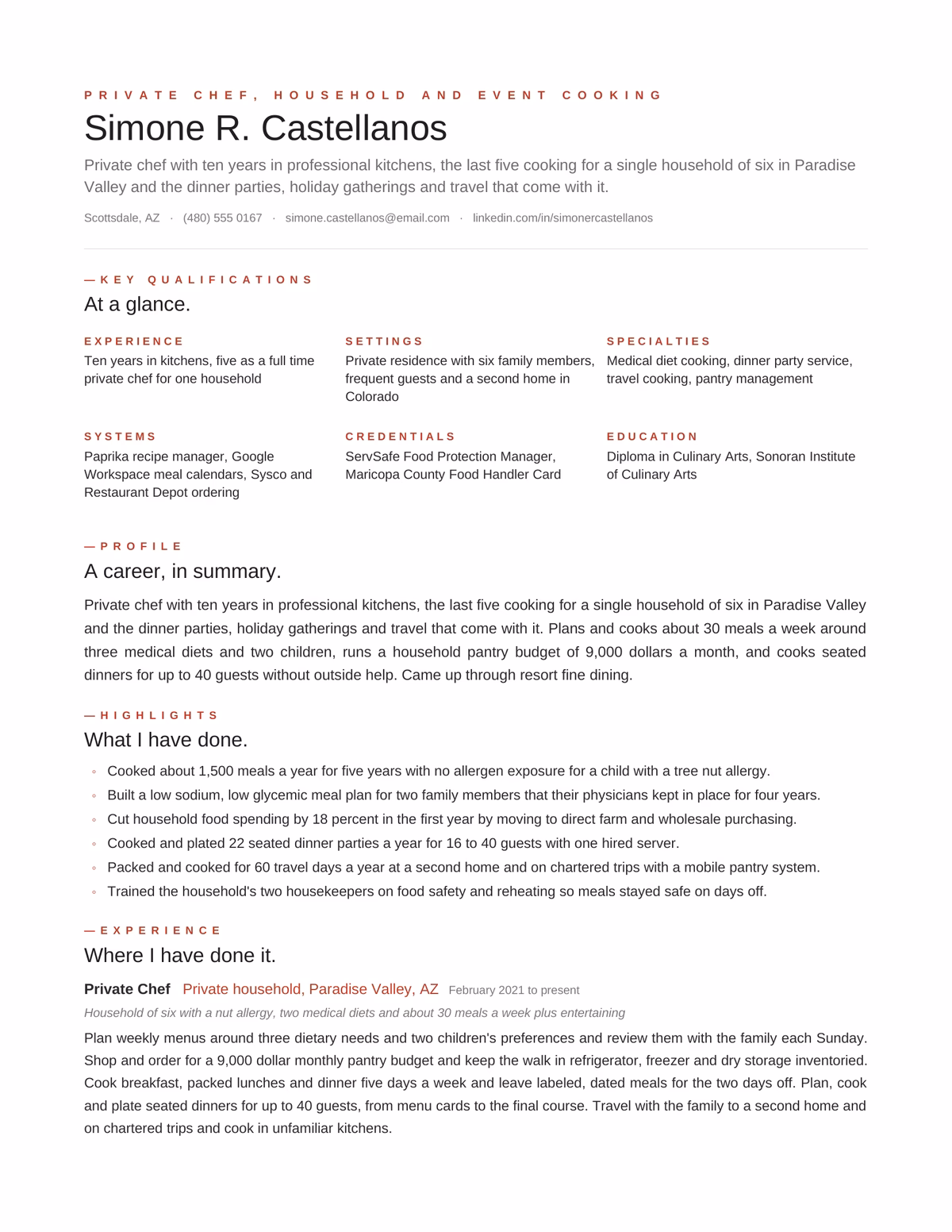 Editorial resume design for Chef