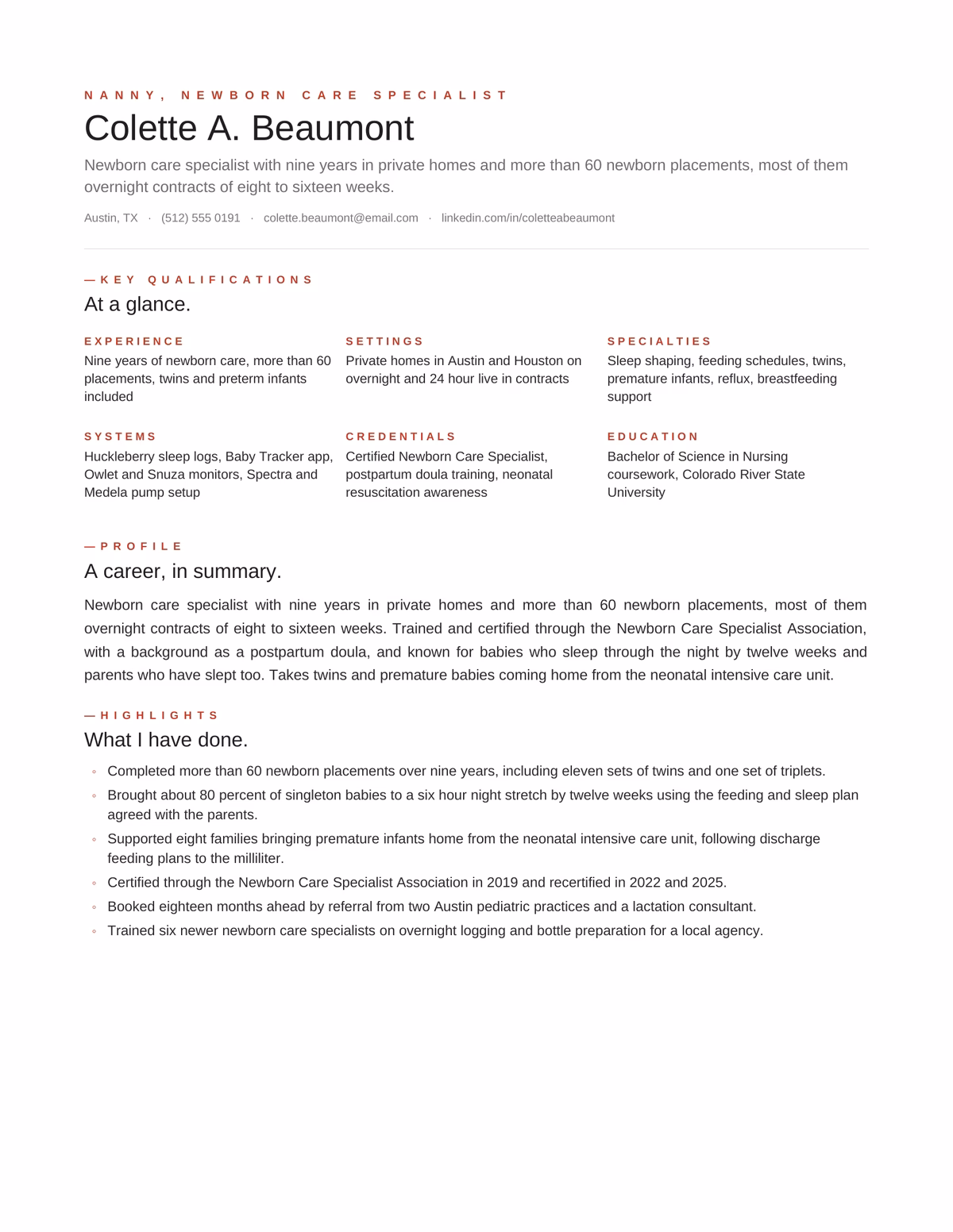 Editorial resume design for Nanny