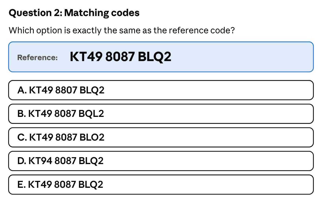 Matching codes: which option is exactly the same as the reference code KT49 8087 BLQ2? The options are A. KT49 8807 BLQ2, B. KT49 8087 BQL2, C. KT49 8087 BLO2 (with the letter O), D. KT94 8087 BLQ2, and E. KT49 8087 BLQ2.