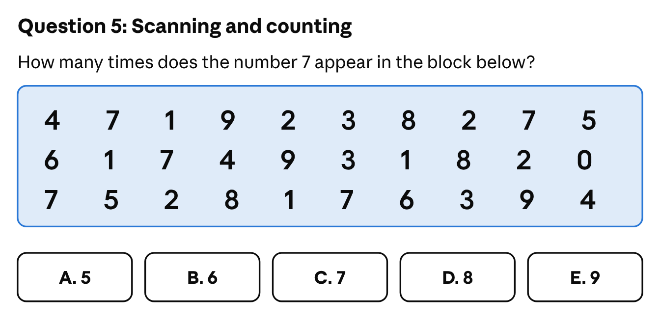 Scanning and counting: how many times does the number 7 appear in the block below? The block has three rows of ten digits: 4 7 1 9 2 3 8 2 7 5; 6 1 7 4 9 3 1 8 2 0; and 7 5 2 8 1 7 6 3 9 4. The answer choices are A. 5, B. 6, C. 7, D. 8 and E. 9.