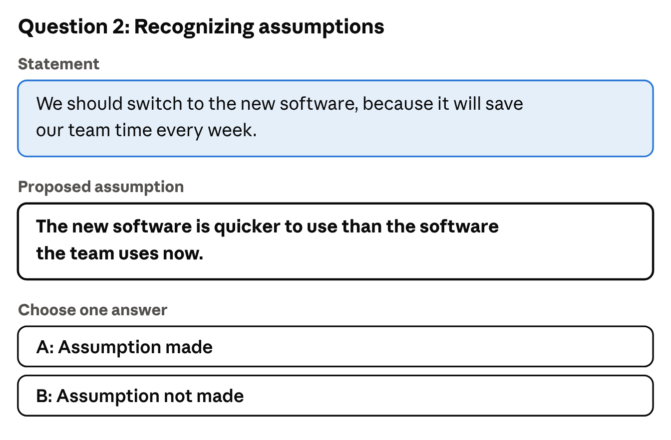 Recognizing assumptions. Statement: ‘We should switch to the new software, because it will save our team time every week.’ Proposed assumption: ‘The new software is quicker to use than the software the team uses now.’ Choose one answer: A, Assumption made; or B, Assumption not made.