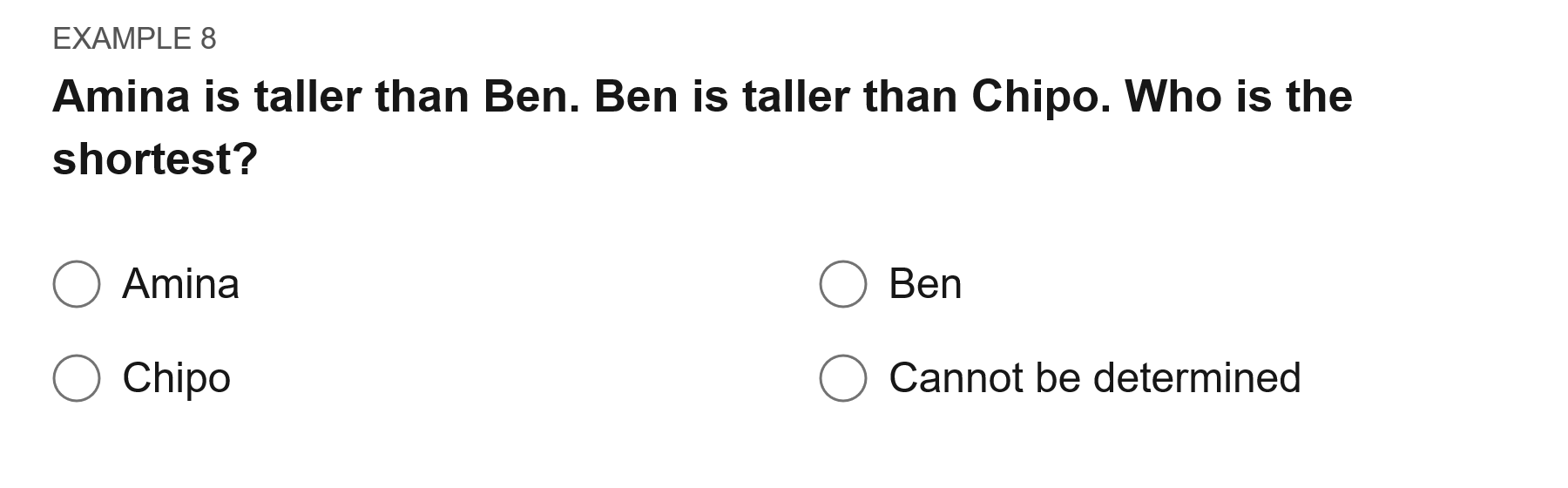 Amina is taller than Ben. Ben is taller than Chipo. Who is the shortest? Options: Amina; Ben; Chipo; cannot be determined.